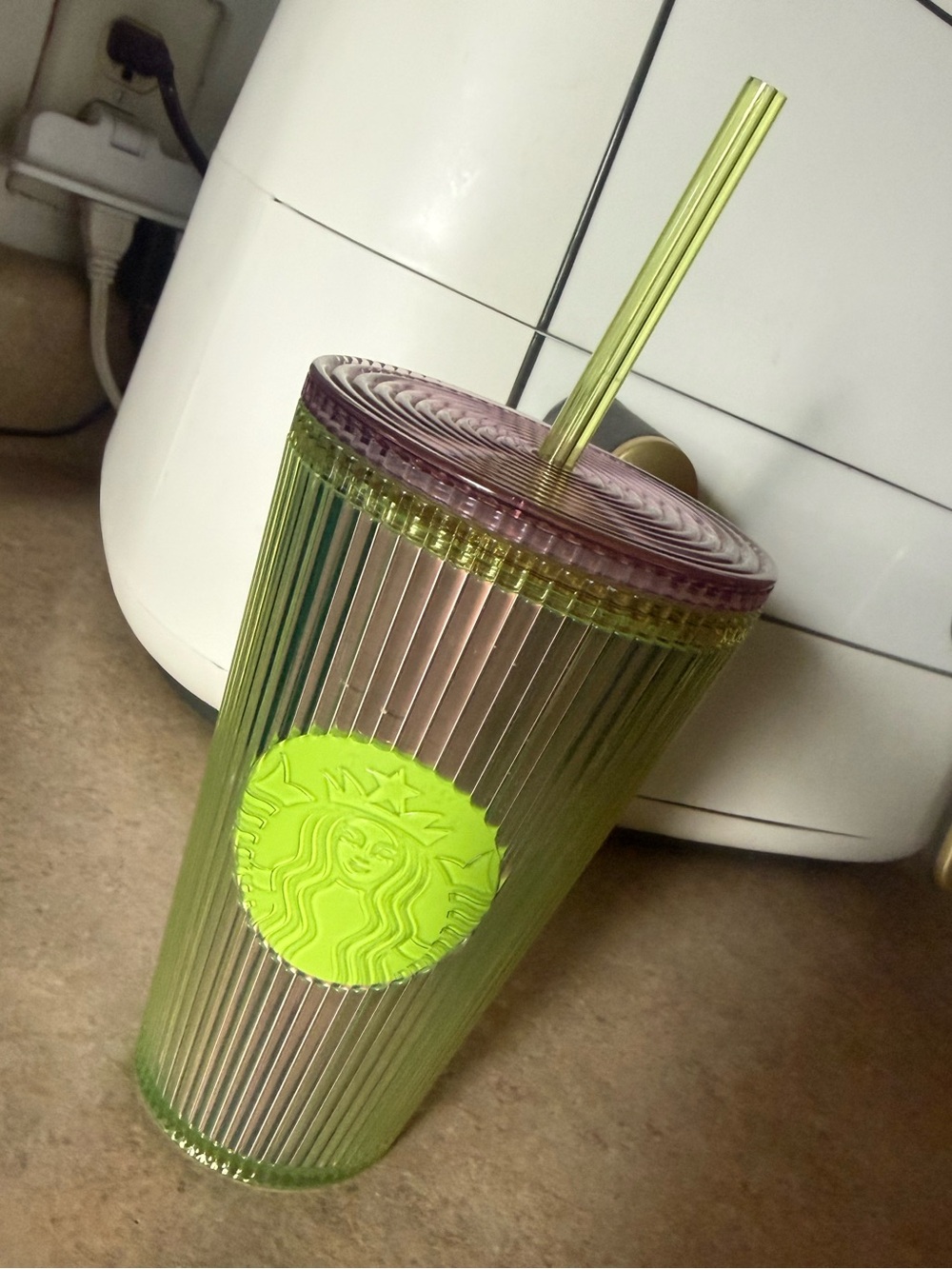 Starbucks Green and Purple Ribbed Cold Cup with Neon Green Logo